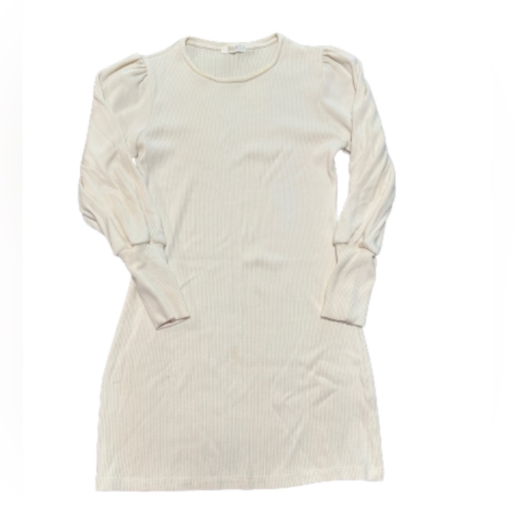 Boyish ivory cream rib knit long puff sleeve mini dress size S